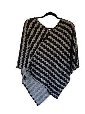 Black & Gray Striped Knit Poncho with Button Detail